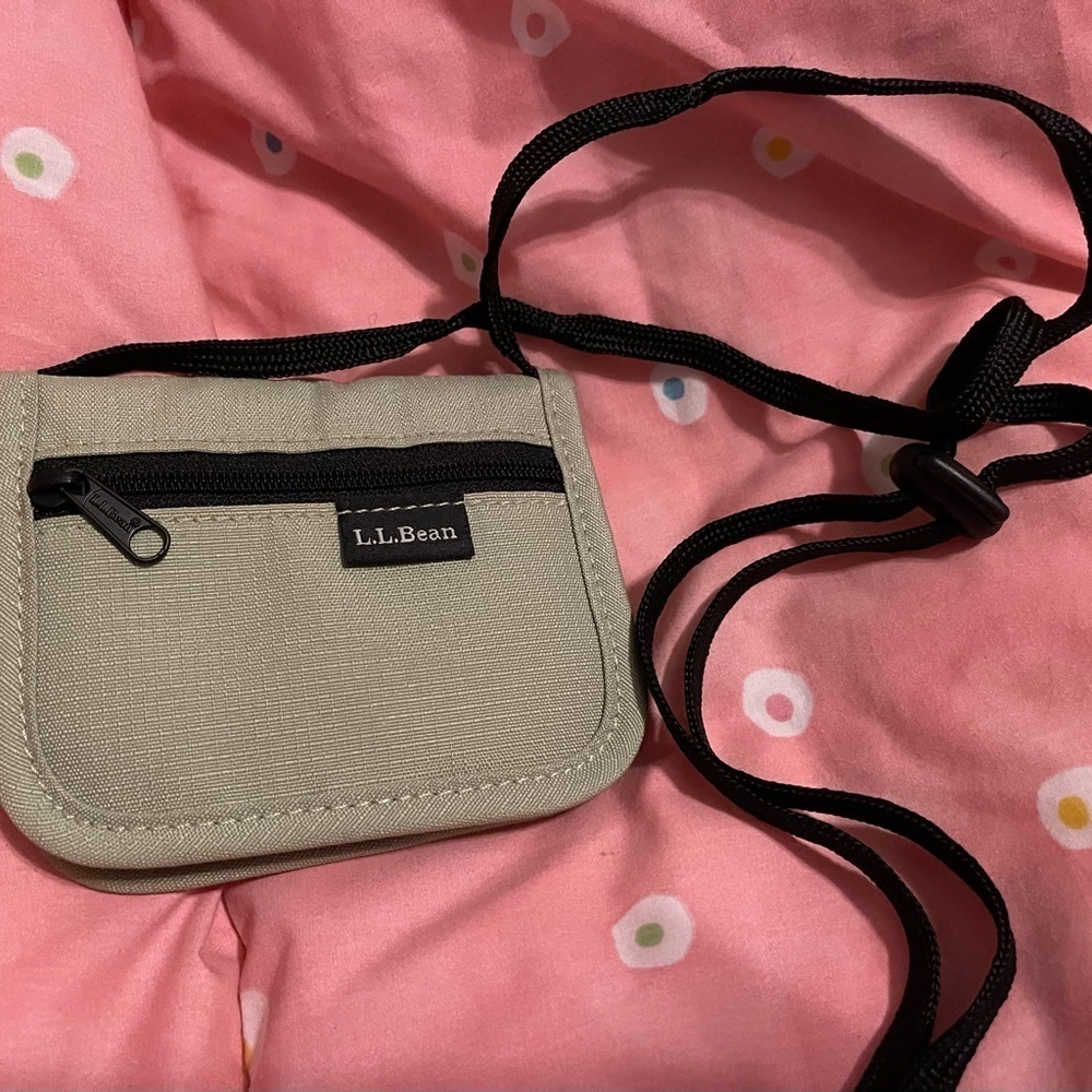 LL Bean Tan Folding Wallet - w/ Adjustable Lanyard and Button Snap - Polyester